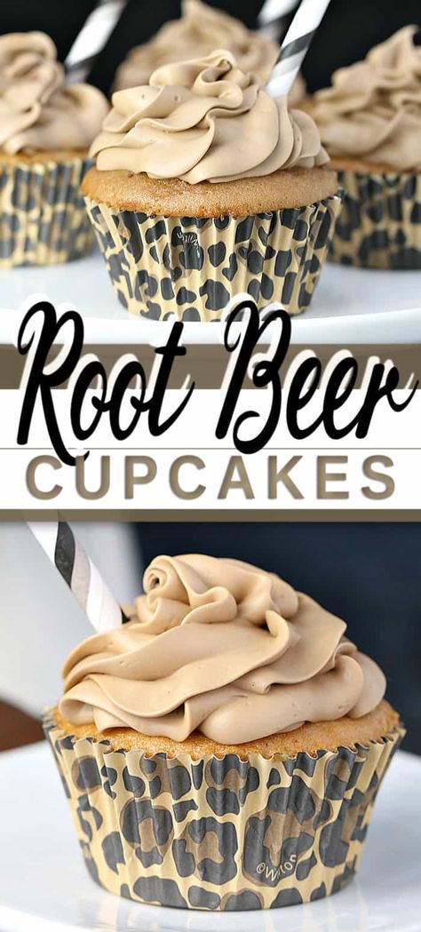 Root Beer Cupcakes with cream cheese icing. First your nose picks up the classic root beer scent, then the flavour mildly hits, so classic and delicious! Gormet Cupcakes, Root Beer Cupcakes, Rootbeer Float Cupcakes, Beer Cupcakes, Frost Cupcakes, Beer Float, Root Beer Float, Cream Cheese Icing, Köstliche Desserts