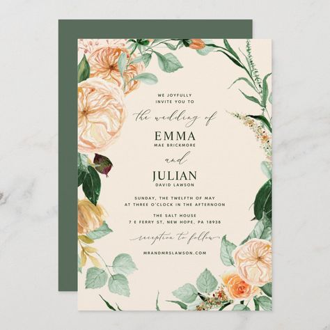 Peach Wedding Theme, Modern Floral Wedding Invitations, Blush Pink Wedding Invitations, Peach Wedding Invitations, Yellow Wedding Invitations, Wedding Invitation Size, Green Wedding Colors, White Wedding Invitations, Wedding Anniversary Invitations