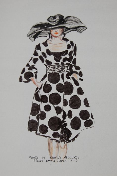 Polka Dot Dress Illustration, Classical Print Dress Illustration, Dotted Dress, Dots Fashion, Dress Painting, Dress Illustration, Fashion Illustration Sketches Dresses, Sketches Dresses, Fashion Themes