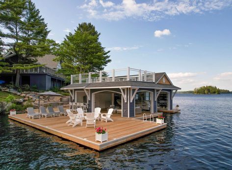 Beach House With Boat Dock, Lake Docks Designs, Muskoka Boathouse, Duffy Boat, Lake House Dock, Dock Design, Boathouse Design, Lake Muskoka, Beach Cottage Exterior