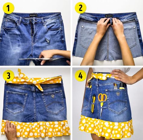 Denim Shorts Into Skirt Diy, Diy Demin, Old Jeans Projects, What To Do With Old Jeans, Jeans Projects, Upcycle Shoes, How To Make A Skirt, Craft Apron, How To Make Skirt