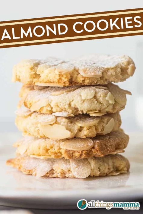 A stack of chewy Italian Almond Cookies topped with sliced almonds and a dusting of powdered sugar. These gluten-free cookies are made with almond flour and just 5 simple ingredients, perfect for quick baking or holiday treats. Cookie Recipes With Almond Flour, Almond Dessert Recipes, Almond Cookie Recipe, Soft Almond Cookies, Cookies With Almond Flour, Carrot Cake Cookies Recipe, Gluten Free Almond Cookies, 5 Ingredient Desserts, Almond Desserts