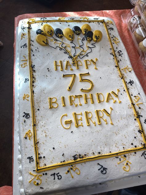 75 Years Birthday Cake, Black And Gold Sheet Cake Ideas, Simple Birthday Sheet Cake, 80th Birthday Sheet Cake, Black And Gold Sheet Cake, 65th Birthday Party Ideas, Black And Gold Birthday Cake, Birthday Sheet Cake, 65 Birthday Cake