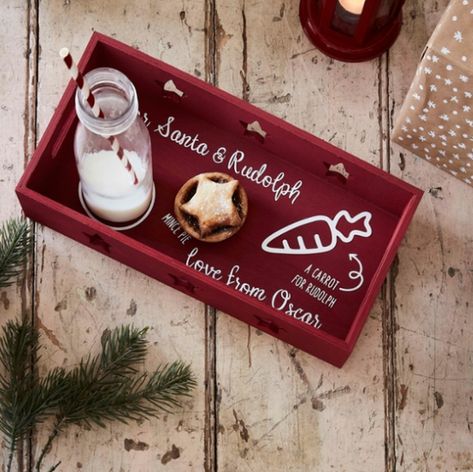 18 Cricut Projects to Make This Christmas | Hobbycraft Personalized Wooden Tray, Santa Board, Milk Tray, Milk Glass Bottle, Box Noel, Ideas Decoracion Navidad, Santa Tray, Cricut Christmas Ideas, Mince Pie