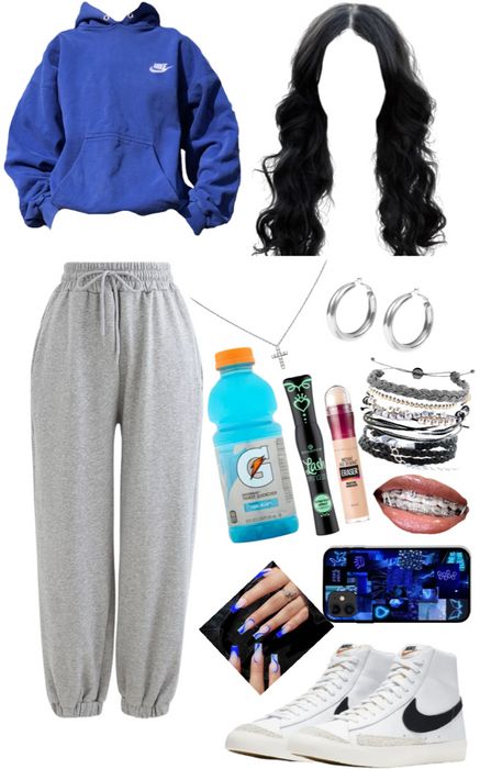 ate that upppp💙💙💙💙 Outfit | ShopLook Outfits Ideas Sweatpants, Comfy Breakfast Outfit, Outfits For Sweatpants, Dark Sweatpants Outfit, Comfy School Outfits Sweatpants, Cute Fits With Sweatpants, Outfits With Sweatpants For School, Black Nike Sweatpants Outfits, Shoes To Wear With Sweatpants