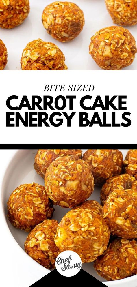 Save this Easy Healthy No Bake Carrot Cake Energy Bites Recipe! Carrot Cake Energy Balls are a nutritious snack that blends the sweet, spiced flavors of carrot cake into convenient, bite-sized treats! Packed with shredded carrots, nuts, and oats, these energy balls offer a guilt-free indulgence that captures the essence of carrot cake in a wholesome form! Follow Chef Savvy for more dessert recipes! Afternoon Snacks For Guests, Carrot Cake Energy Balls, Heart Healthy Desserts, Energy Bites Healthy, Healthy Hacks, Healthy Afternoon Snacks, Energy Bites Recipes, Easy Carrot Cake, Healthy Carrot Cakes