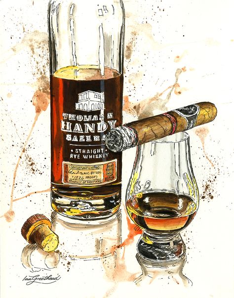 Ian Greathead specializes in creating original wall art paintings of bourbon, whiskey and cigars for hanging in any man cave, home, or office. To see more paintings created by Ian Greathead, or to purchase this original painting, go to www.iangreathead.com. #kentuckybourbon #kentuckywhiskey #iangreathead #mancave #wallart #bourbonart #whiskeyart #cigarart #bourbonpainting #whiskeypainting #davidoffcigar #ThomasHHandy #buffalotrace #cigar #whiskey #bourbon Paintings Of Cocktails, Whiskey Painting, Whiskey And Cigars, Classic Wine Labels, Man Cave Paintings, Whiskey Art, Baby Food Jar Crafts, Whiskey Room, Poznan Poland