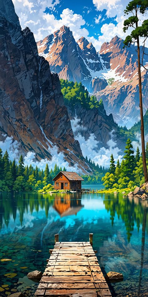 Wallpapers House, House Lake Forest, Indian Nature, Wallpaper House, Pixel Art Landscape, House Lake, Amoled Wallpapers, Dreamy Landscapes, Mountains Landscape