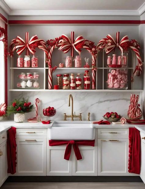 Decorate Bar Stools For Christmas, Candy Cane Christmas Kitchen, Christmas Kitchen Aesthetic, Holiday Kitchen Decorations, Red And White Christmas Kitchen, Kitchen Christmas Decorations Cabinets, Above Cabinet Christmas Decor, Gingerbread Christmas Kitchen, Gingerbread Kitchen Decorating Ideas