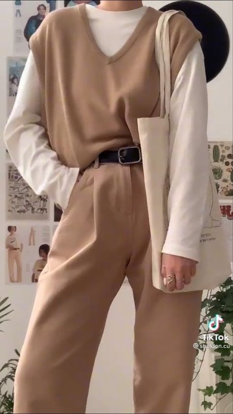 Light brown sweater vest with a white long-sleeved underlayer straight pants, black buckle belt Academia Outfits, Modest Fashion Outfits, 가을 패션, Fashion Mode, Korean Outfits, Looks Vintage, Retro Outfits, Cute Casual Outfits, Look Fashion