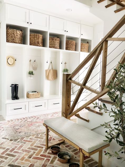 Mudroom Makeover, Brick Paneling, Decor Steals, Organization Decor, Stair Railing, Interior Design Firms, Best Interior, Railing, Pillow Design