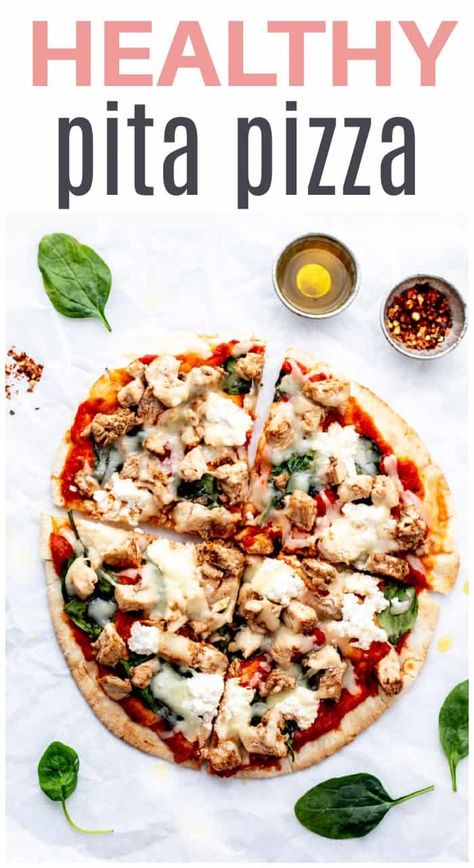 Easy Chicken Spinach Pita Pizza | Haute & Healthy Living Pita Pizza Recipes Healthy, Pitta Pizza Healthy, Pita Pizza Healthy, Healthy Pita Pizza, Healthy Chicken Pizza, Pita Pizza Recipes, Chicken Pita Pizza, Healthy 2024, Pita Bread Pizza