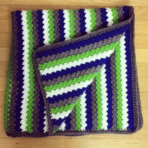 Stripe baby blanket with simple single crochet edging in Seahawk colors Seahawks Crochet Blanket, Seahawks Crochet, Striped Baby Blanket, Yarn Ideas, Blanket Ideas, Blanket Patterns, Ideas Crochet, Crochet Edging, Crochet Blanket Patterns