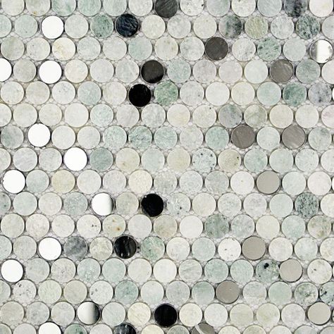 Sample-Reflection Ming Green With Mirror Penny Round Marble & Glass Tile Penny Round Mosaic, Penny Round Tiles, Round Mosaic, Round Tiles, Splashback Tiles, Penny Round, Ivy Hill Tile, Glass Installation, Modern Tiles