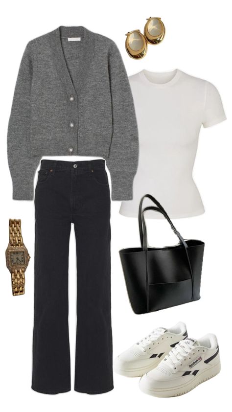 Outfit inspiration Grey Cardigan Outfit, Cropped Cardigan Outfit, Black Baggy Jeans, Cardigan Outfit, Cardigan Outfits, Grey Cardigan, Cropped Cardigan, Baggy Jeans, Leather Tote Bag