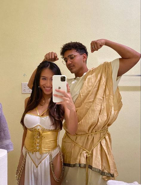 Halloween, couples costume, gold costume, greek costume, goddess costume Men Custome Halloween, Couple Halloween Costumes Greek Gods, Zeus And Hera Costume, Greek God Couple Costume, Mens Greek God Costume, Greek Gods Couple Costume, God And Goddess Costume Couple, Greek Gods Costume, Hera Costume