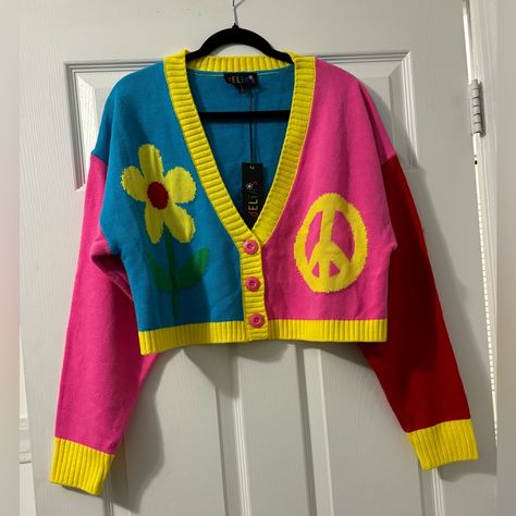 This Oversized Cardigan Has A Knit Construction, A Ribbed Trim, A Cropped Fit, A Button Up Closure, And A Color Block Pattern. Decora Clothes, Kidcore Aesthetic Fashion, Rainbowcore Fashion, Gay Clothes, Kidcore Style, Kidcore Clothes, Kidcore Outfit, Clothing Aesthetics, Black Cropped Cardigan