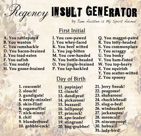 Regency Insult generator by Jane Austen is my spirit animal Insulting Names, Book Club Names, Insult Generator, Names Generator, Jane Austen Book Club, Jane Austen Gifts, Uncommon Words, My Spirit Animal, Name Generator