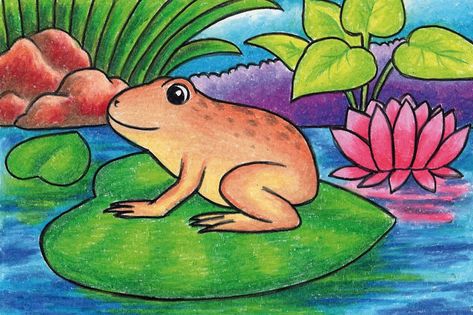 Frog Drawing Sketches, Love Birds Drawing, Nursery Drawings, Scenery Drawing For Kids, Easy Scenery Drawing, Craft Sculpture, Oil Pastel Drawings Easy, Oil Pastel Colours, Animal Art Projects