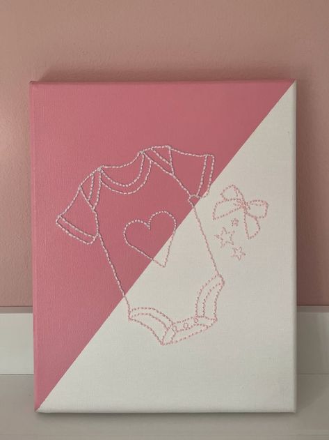 Painting Present Ideas, Embroidery Designs Canvas, Baby Girl Canvas Painting, Baby Girl Painting Ideas, Baby Canvas Ideas, Canvas Sewing Art, Painting For Baby Girl, Baby Canvas Painting, Embroidery Painting Canvas