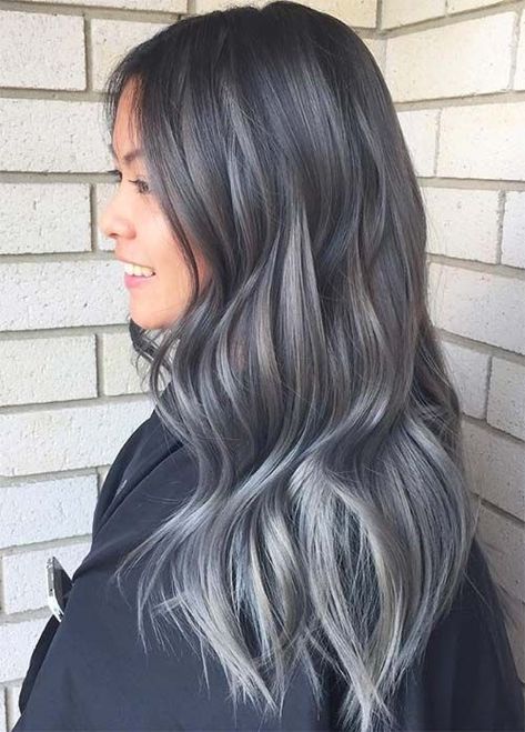 Granny Silver/ Grey Hair Color Ideas: Balayage Ombre Grey Hair Grey Balayage, Balayage Hair Grey, Charcoal Hair, Grey Hair Color Silver, Dark Ombre Hair, Dark Grey Hair, Grey Ombre Hair, Balayage Ombré, Black Hair With Highlights