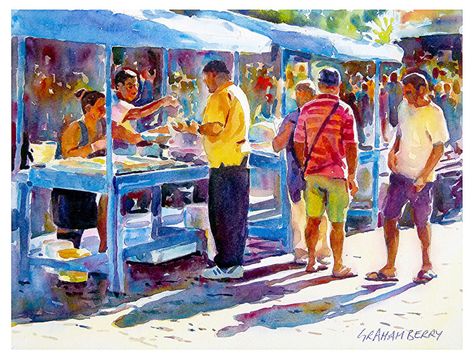 Fish stall 2 by Graham Berry Watercolor ~ 12" x 16" Figurative Composition, Berry Watercolor, Composition Painting, Modern Artwork Abstract, Human Figure Sketches, Painting People, Figure Sketching, Watercolor Artists, Watercolor Paintings Tutorials