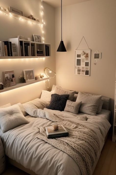 Share A Room Ideas, Room Ideas Aesthetic Soft, Room Decor Ideas Grey Walls, Bedroom Comfy Aesthetic, Small Girly Bedroom Ideas For Women, Bed Set Up Aesthetic, Small Bedroom Ideas Clothes Storage, Aesthetic Small Room Design Ideas, Casual Bedroom Aesthetic