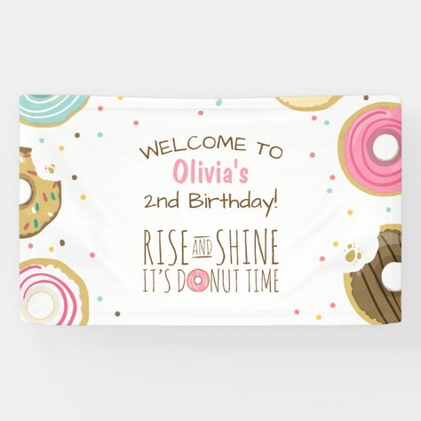 Donut Birthday Banner Party Doughnut Backdrop Girl #donutparty #donutpartyideas #kidsbirthdaypartyideas #birthdaypartythemes #childrensparty Donuts Sprinkles, Birthday Donuts, Donut Birthday Parties, Shower Backdrop, 9th Birthday Parties, Donut Party, Shower Welcome Sign, Baby Shower Backdrop, Confetti Party