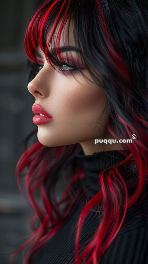 Black Hair With Red Highlights, Edgy Vibes, Black Red Hair, Dip Dye Hair, Peekaboo Hair, Dp Stylish, Hair Color Chart, Hair Color Auburn, Red Highlights