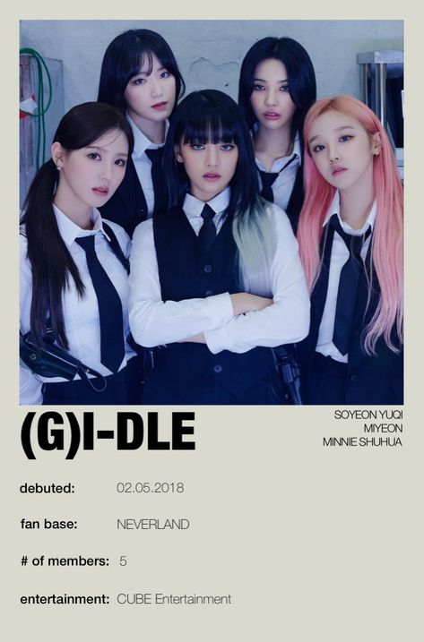 (G)I-DLE (아이들 / [여자]아이들) currently consists of 5 members: Soyeon, Miyeon, Minnie, Yuqi and Shuhua. They officially debuted on May 2nd, 2018 under Cube Entertainment. Gidle Members Name, G Idle Members, Korean Hacks, Kpop 5 Members, Kpop Minimalist Poster, Gidle Ot5, Kpop Minimalist, Alternative Songs, Running Posters