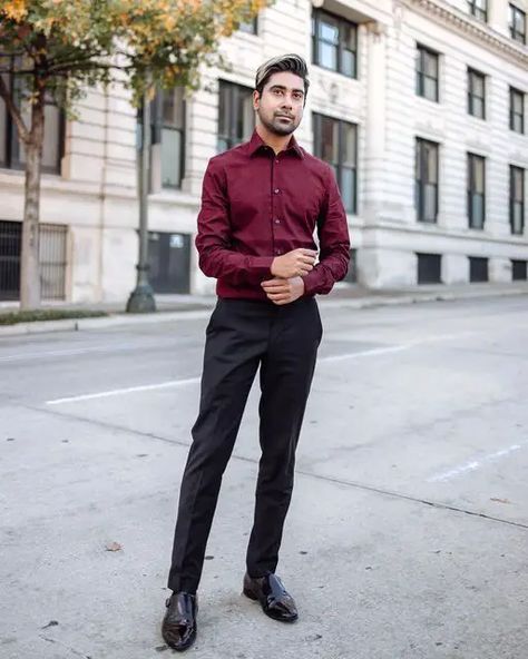 Discover Top 17 Men's Shirt & Black Pant Combos for a Dapper 2024 Look GentsOsprey Black Pants Outfit Mens, Blue Shirt Black Pants, Men Formal Outfit, Maroon Dress Shirt, Shop Outfits, Maroon Outfit, Black Pants Outfit, Mens Black Shirt, Black Outfit Men