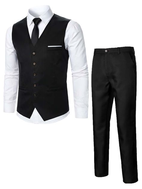 Black Work Collar Sleeveless  Plain  Embellished Non-Stretch All Men Suits & Separates White Vest Suit, Terno Slim, Mens Vest Fashion, Double Breasted Vest, Black Waistcoat, Waistcoat Men, Mens Fashion Blazer, Stylish Mens Outfits, Vest Blazer