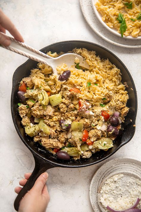 Ground Turkey Mediterranean Skillet - Shady Brook Farms-cut the seasoning Taste Of Home Meatloaf, Ground Turkey Mediterranean, Mediterranean Skillet, Ground Turkey Skillet, Slow Cook Turkey, Recipes Using Ground Turkey, Turkey Mediterranean, Turkey Skillet, Rotisserie Turkey