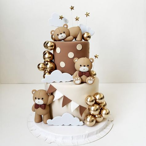 Bear Themed Baby Shower Cake, Bear Theme Birthday, Bear Themed Birthday Party, Baby Shower Oso, Bear Baby Shower Cake, Half Birthday Cakes, Sitting Bear, Theme Birthday Cake, Bear Cake Topper