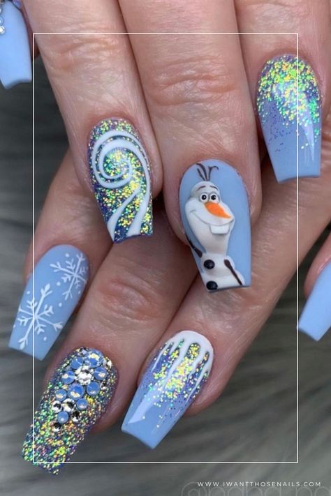 frozen theme nails Frozen Nail Designs, Olaf Nails, Frozen Nail Art, White Winter Nails, Penguin Nails, Frozen Nails, Plaid Nail Designs, Simple Toe Nails, Luv Nails