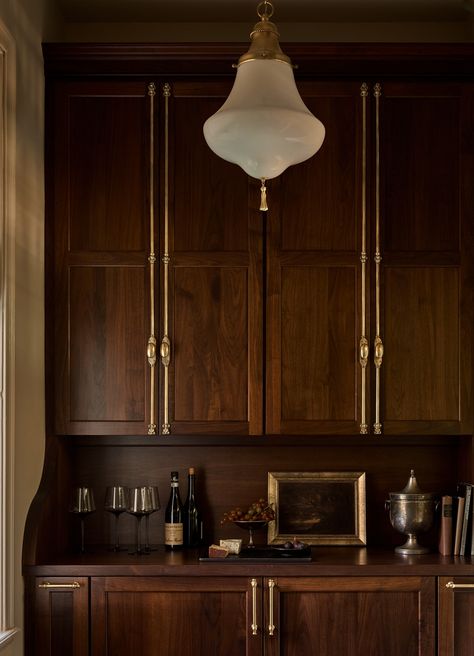 Walnut Kitchen Island, Georgian Revival, Kitchen Cabinetry, Wet Bar, House Inspo, Design Firms, House Inspiration, Upholstered Chairs, Design Inspo