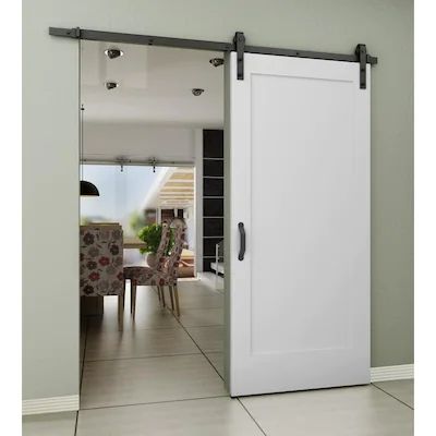 Barn door interior at Lowes.com: Search Results Barn Doors Lowes, Shaker Barn Door, Contemporary Entryway Ideas, Pine Barn Door, Glass Barn Doors Interior, Single Barn Door, White Barn Door, Contemporary Entryway, Barn Door Closet