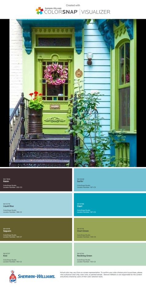 Happy House Colors Exterior, Bright Color House Exterior, Multi Color House Exterior, Multi Color Exterior House Colors, Bright Colored Houses Exterior, Quirky Exterior House Colors, Bright Exterior House Colors, Colorful Exterior House Colors, Seaside Cottage Exterior