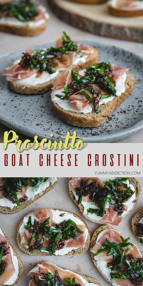 Prosciutto Crostini with Goat Cheese Goat Cheese Prosciutto, Prosciutto Goat Cheese, Prosciutto Crostini, Salad Bites, Goat Cheese Crostini, Balsamic Onions, Gourmet Appetizers, Goat Cheese Recipes, Meat Appetizers