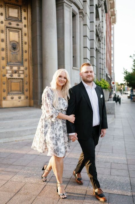 couple walking downtown salt lake city for engagements pre-wedding photoshoot gold door utah location urban locations Downtown Salt Lake City Photoshoot, Downtown Salt Lake City, Slc Utah, Golden Sunrise, Salt Lake City Downtown, Urban Engagement, Couple Walking, Gold Door, Couples Outfit