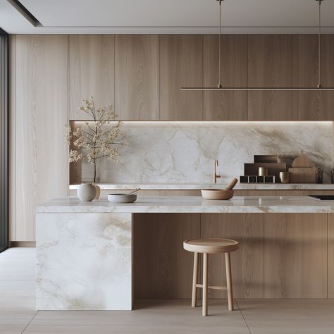 Soft Neutral Kitchen, Big Modern Kitchen Design Luxury, Modern Kitchen With Color, Kitchen I Shape, Light Wood And Marble Kitchen, We Work Kitchen, Brown Beige Kitchen Ideas, Neutral Tones Kitchen, Kitchen Mood Board Modern