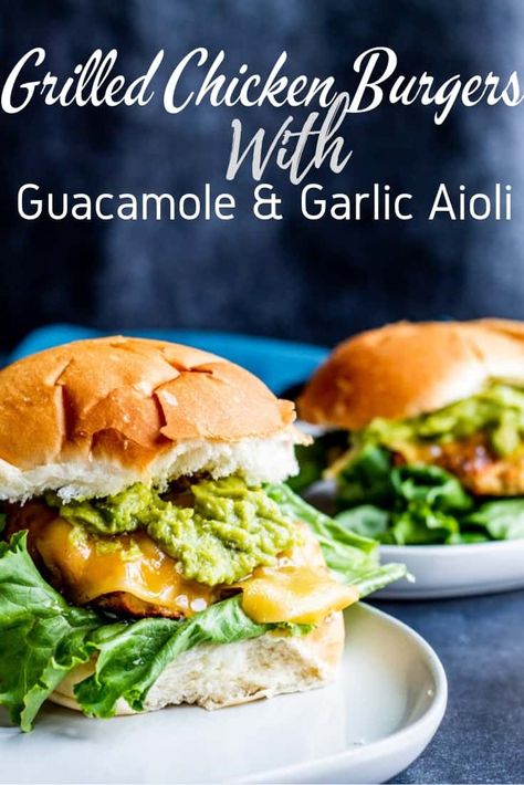 These Grilled Chicken Burgers with Guacamole and Garlic Aioli are the best summer grill burger for the entire family. The meat is juicy and filled with flavor and pairs perfect with store bought or homemade guacamole, Gouda cheese, lettuce and homemade garlic aioli. Don't have a grill? No problem, make on the stove top as well! #burgers #grilling #food #recipe #chicken Easy Chicken Burger Recipe, Grilled Chicken Burgers, Garlic Aioli Recipe, Grilling Food, Summer Grill, Recipes Potato, Chicken Burgers Recipe, Chicken Ideas, Yummy Chicken