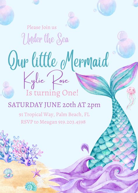 Mermaid Birthday Invitation Card, Birthday Invitation Card Mermaid Theme, Mermaid Birthday Template, Birthday Invitations Mermaid, Mermaid Bday Invitations, Mermaid 3rd Birthday Party Invitations, Mermaid Party Invitations Free, Mermaid Theme Invitation Template, Mermaid Theme Invitation Card