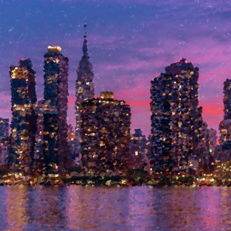 New York City Skyline Painting, Oil Pastel Cityscape, New York City Painting Easy, Sunset Pointillism, New York Painting Easy, New York Dibujo, Nyc Skyline Painting, City Sunset Painting, Paintnite Ideas