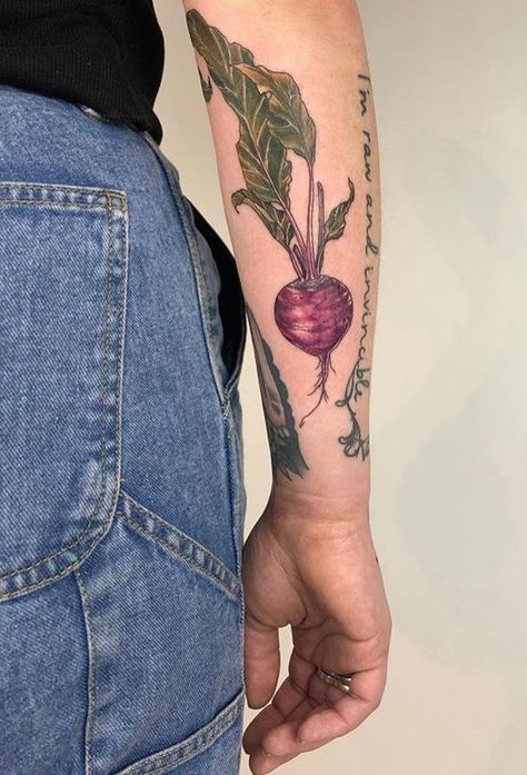 Beet Vegetable Tattoo, Vanessa Core Tattoo, Root Vegetable Tattoo, Traditional Vegetable Tattoo, Beets Tattoo, Vegetable Tattoo Ideas, Rhubarb Tattoo, Herbalist Tattoo, Beetroot Tattoo