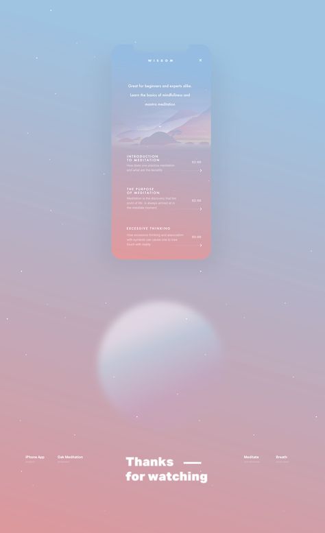 Oak Meditation is an available mobile app that helps you achieve mindfulness thorugh a series of meditation and breathing exercises Meditation Design Graphic, Meditation Graphic Design, Mindfulness Design, Meditation Design, Graphic Designer Resume, Designer Resume, Meditation App, Annual Report Design, App Interface Design
