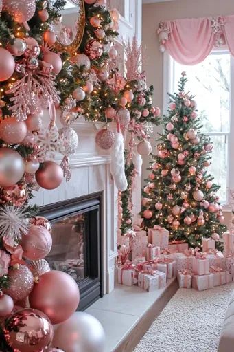 ↑↑↑ Larger size on website 🔸 A beautifully decorated Christmas fireplace with a garland of pink and white ornaments and a large, Wrapped Gifts, Ornaments Tree, Snowy Landscape, Pink Christmas Decorations, White Ornaments, Christmas Fireplace, Christmas Charms, Christmas Scene, Tree Stand