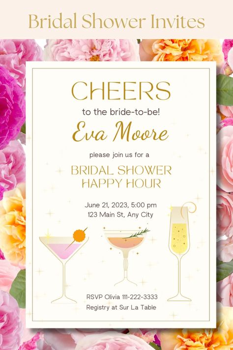 Happy Hour Bridal Shower Invitation Wedding Shower Digital Invitations Bridal Shower Templates Cocktail Party Theme Wedding Invite Template Happy Hour Wedding Shower Ideas, Happy Hour Bridal Shower Ideas, Bridal Shower Happy Hour, Cocktail Party Theme, Cocktail Party Themes, Wedding Invite Template, Sunflower Wedding Invitations, Bachelorette Themes, Formal Wedding Invitations