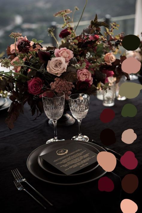 Twilight Wedding Color Scheme, Wedding Color Combos Black, Black Wedding Palette Colour Schemes, Moody Spring Wedding Colors, Dark Summer Wedding Colors, Dark Purple Fall Wedding, Dark Romance Wedding Color Palettes, Wedding Color Palette Dark, Dark Moody Wedding Color Schemes