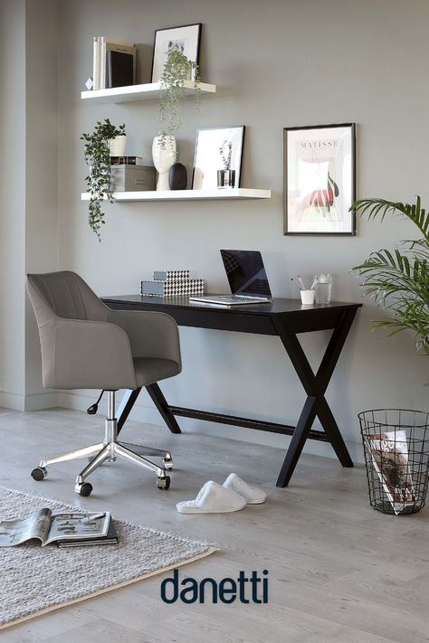 Trestle Dark Oak Desk Dark Oak Desk, Grey Office Decor, Office Decoration Ideas, Black And Grey Bedroom, Modern Office Interior, Small Office Decor, Best Home Office, Grey Interior Design, Modern Office Interiors